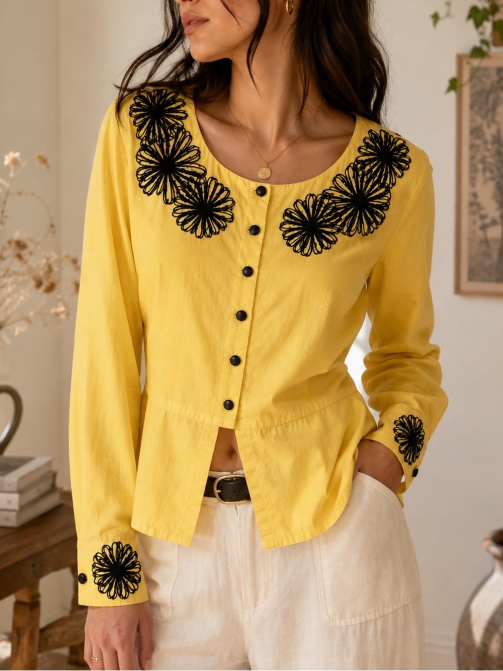 Vintage 90’s| Yellow Embroidered Cotton Blouse | Floral Button Front |